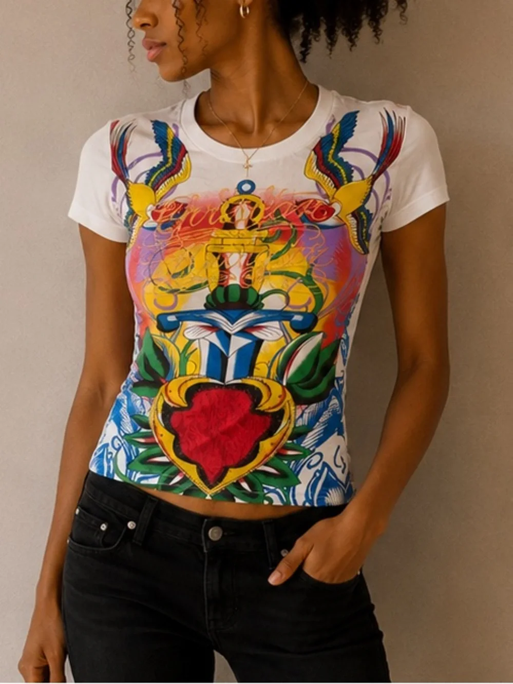 Y2K Christian Audigier “Ed Hardy” White Rhinestone T-Shirt - Picture 6 of 6